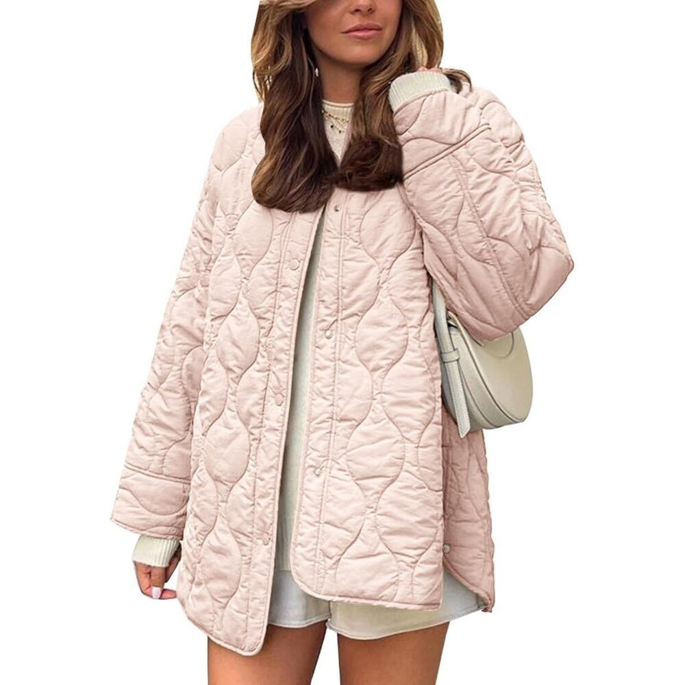 Women's Clothes Jacket Puffer Light Pink Zip Pocket Button Down Padded Outerwear